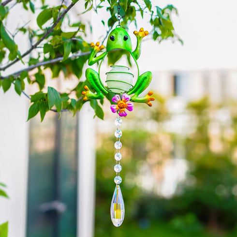 Metal Frog Suncatcher Crystals for Window Ornament - 17" Outdoor Fence Wall Art Decor, Rainbow Maker Hanging for Garden Yard Living Room Bedroom P...