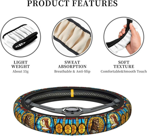 Beauty and Beast Fairytale Glass Elastic Steering Wheel Cover, Universal 15 Inch Suitable for Women, Non-Slip Car Accessories...
