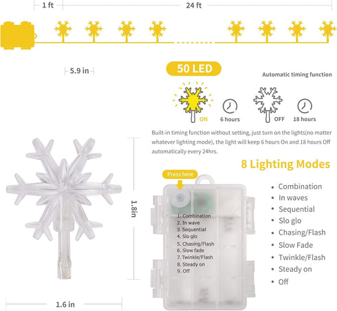 2 Pack Christmas Snowflakes String Lights Outdoor, 50LED 24FT Snowflake Decorative Xmas Lights Battery Operated, 8 Lighting Modes & Timer, Waterpr...