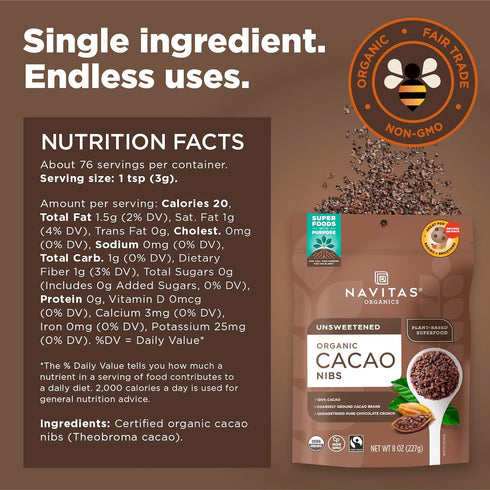 Navitas Organics Cacao Nibs – Unsweetened Dark Chocolate Crunch – Antioxidants, Minerals, Fiber – For Trail Mix, Baking & More – USDA Organic, Fai...