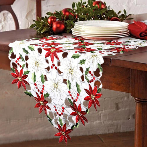 OurWarm Christmas Embroidered Table Runners Poinsettia Holly Leaf Table Linens for Christmas Decorations 15 x 70 Inch...