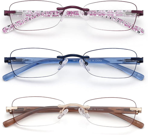 3 Pack Rimless Reading Glasses for Women Blue Light Blocking Readers Tinted Edge Spring Hinge Pattern Print Arm Eyeglasses Mix 4.00...