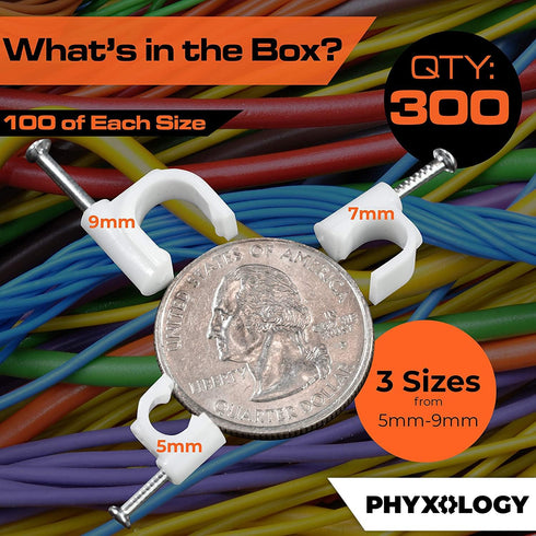 Pro-Grade, Cable Clips with Steel Nails 5mm, 7mm, 9mm Wire Holders and Tacks 100 Per Size. Durable, Easy Install, UV Resistant Plastic Clips to Or...