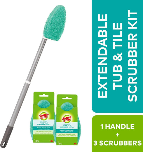 Scotch-Brite Extendable Tub & Tile Scrubber Kit, Includes 1 Handle and 3 Non-Scratch Scrubber Pads...