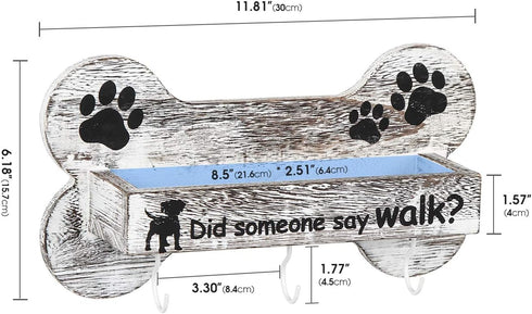 J JACKCUBE DESIGN Rustic White Bone Shape Wall Mounted Dog Leash Holder with 3 Key Holder Hooks and Extra Storage Compartment Box Shelf for Pet Tr...