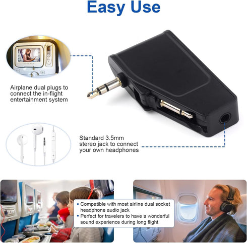Bluetooth 5.3 Adapter for Wireless/Wired Headphones, 2 in 1 Airplane Bluetooth Adapter with 3.5mm Aux Jack Compatible with Airplane/Home TV/Gym/Bo...