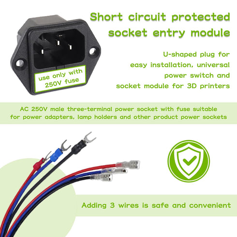 AC 250V 10A 2 in 1 Mount Inlet Module Plug Socket Power Entry Connector Male Blades with 10A Fuse and 18 AWG Extension Cable...