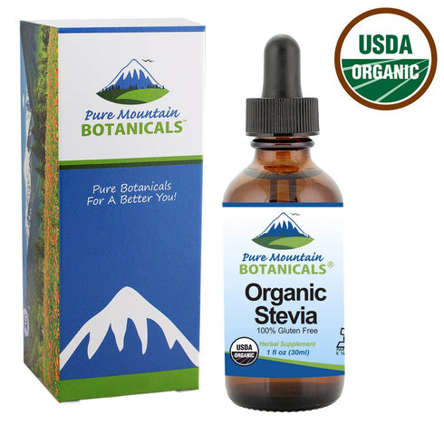 Pure Mountain Botanicals Organic Liquid Stevia Sweetener – Alcohol Free and Kosher Sweet Sugar Substitute Stevia Drops - 1oz Glass Bottle...