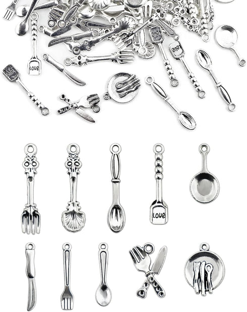 JIALEEY 100pcs Fork Knife Spoon Pan Tableware Charms Beads Necklace Pendants DIY for Jewelry Making and Crafting, Tibetan Silver Plated Tableware ...