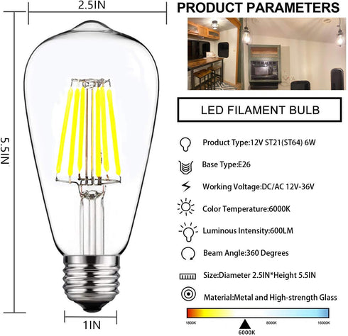 12V Edison Bulb 6W E26 12V LED Bulb Daylight 6000K 60W Equivalent, AC/DC 12V 24V 36V Low Voltage LED Light Bulb for RV Camper Marine, Off Grid Cab...