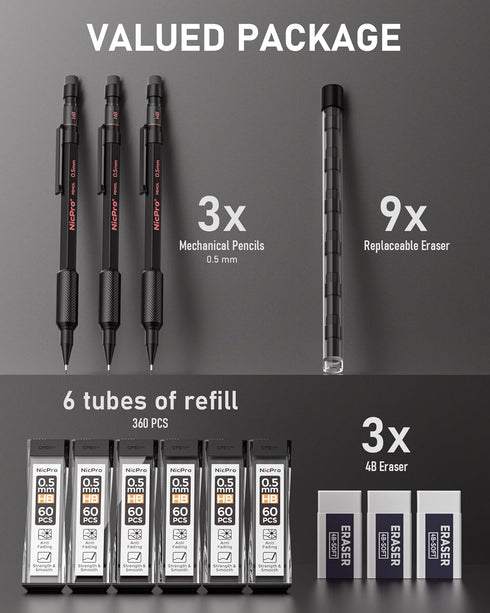Nicpro 0.5 mm Mechanical Pencil Set with Case, 3PCS MP2000 Metal Artist Mechanical Pencil With 6 Tube HB Lead Refills, Eraser, Weatherproof Barrel...