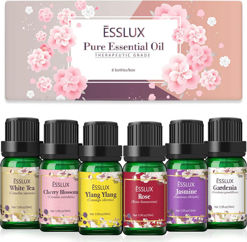 Essential Oils Set, ESSLUX Floral Essential Oils for Diffuser, Massage & Candle Making, Natural & Long-Lasting Scents - Rose, Jasmine, Gardenia, Y...