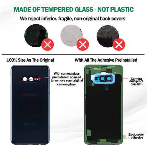 Galaxy S10e Back Cover Glass Replacement with Pre-Installed Camera Lens + All The Adhesive + Installation Manual + Repair Tool Kit for Samsung Gal...