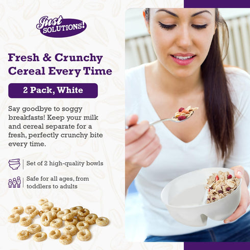 2 Pack - Just Crunch Anti-Soggy Cereal Bowl - Keeps Cereal Fresh & Crunchy | BPA Free | Microwave Safe | Ice Cream & Topping, Yogurt & Berries, Fr...