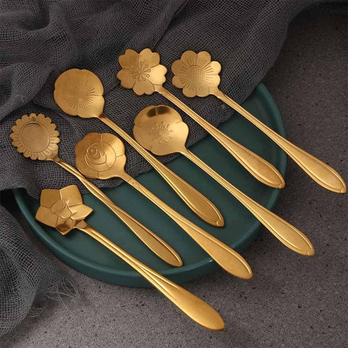 8PCS Cutlery Set Vintage Small Soup Spoon Bar tools Stainless Steel Mixing Spoon Gold Teaspoon...