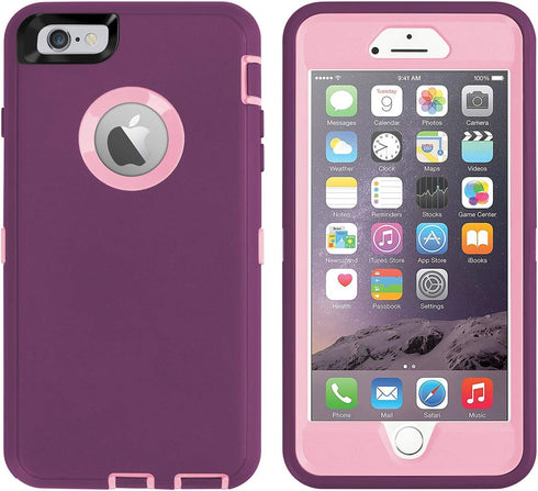 AICase iPhone 6/6S Plus Heavy Duty Case - Built-in Screen Protector, 4-in-1 Rugged Shockproof Cover (Pink/Purple)...