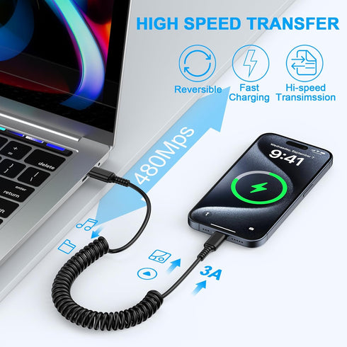 USB C to USB C Cable 3ft Coiled USB C Charger Cable for Car Type C Fast Charging Cable for iPhone 15/15 Pro/15 Pro Max/15 Plus, Samsung Galaxy S24...
