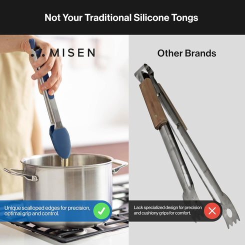 Misen Precision Silicone-Tipped Kitchen Tongs - Heavy Duty, Nonstick, Heat Resistant - Grilling Tool with Scallop-Edged Silicone - Dishwasher Safe...