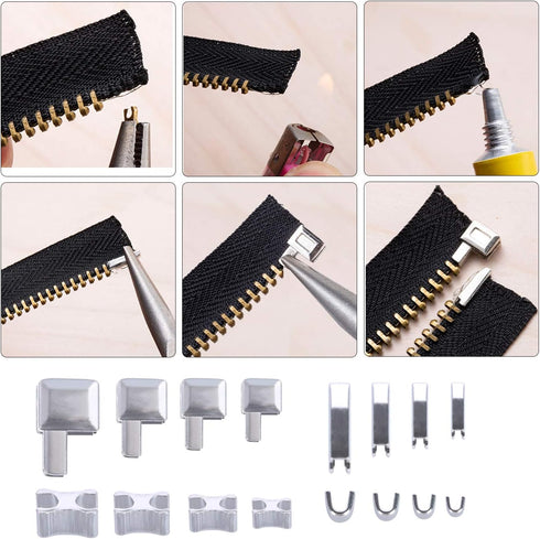 60 Pcs Metal Zipper Stopper, Zipper Repair Kit for Jackets, Zipper Replacement Slider, Bottom Stop Replacement, Zipper Insertion Pin, for Coats Ja...