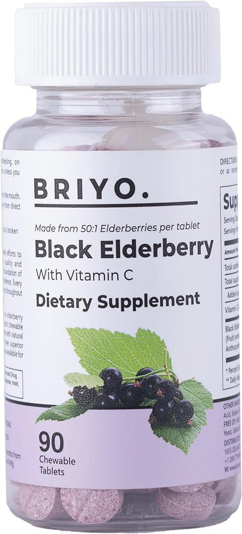 Elderberry with Vitamin C - 90 chewable Tablets - Highly Concentrated (50x) Black Elderberry Extract...