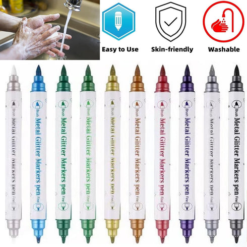 Temporary Tattoo Markers for Skin, 10 Body Markers Make Bold and Fine Lines, Cosmetic Quality + 40 Large Tattoo Stencils for Kids and Adults, Dual...