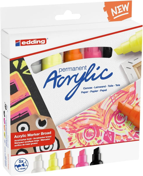 edding 5000 acrylic marker broad - neon colours - acrylic paint markers 5-pack (neon) - 5-10mm chisel nib - acrylic marker for painting on canvas,...
