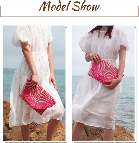 Women Fringe Straw Clutch Purses Envelope Summer Beach Bags Woven Clutch Handbags...