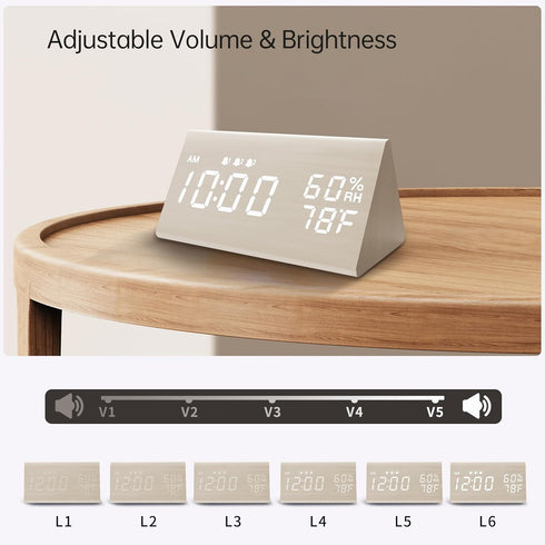 Digital Alarm Clock, with Wooden Electronic LED Time Display, 3 Alarm Settings, Humidity & Temperature Detect, Wood Made Electric Clocks for Bedro...