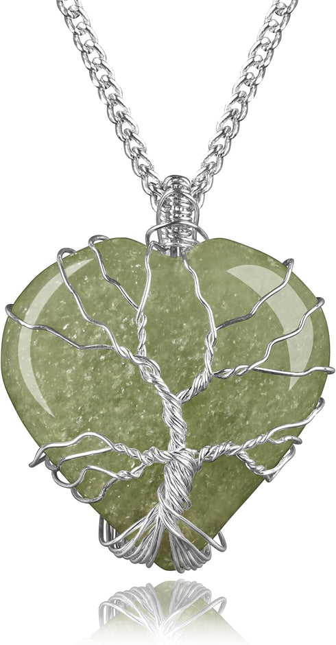 Heart Necklace for Women, Handmade Green Aventurine Crystal Pendant Birthstone Necklaces for Chakra Healing Good Luck Meditation, Tree of Life Cry...