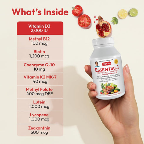 ANDREW LESSMAN Essential-1 Multivitamin 2000 IU Vitamin D3 30 Small Capsules - 100 mcg Methyl B12. CoQ10 Lutein Lycopene Zeaxanthin. High Potency....