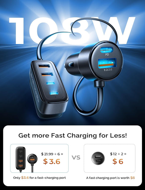 AINOPE Car USB Charger Multi Port, 108W Fast USB C Car Charger PD 36W & QC3.0 Cigarette Lighter Car Travel Essentials for Long Trips Kids with 5FT...