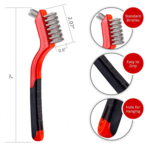 Wire Brush Set 3Pcs - Nylon/Brass/Stainless Steel Bristles with Curved Handle Grip for Rust, Dirt & Paint Scrubbing with Deep Cleaning – 7 Inches ...