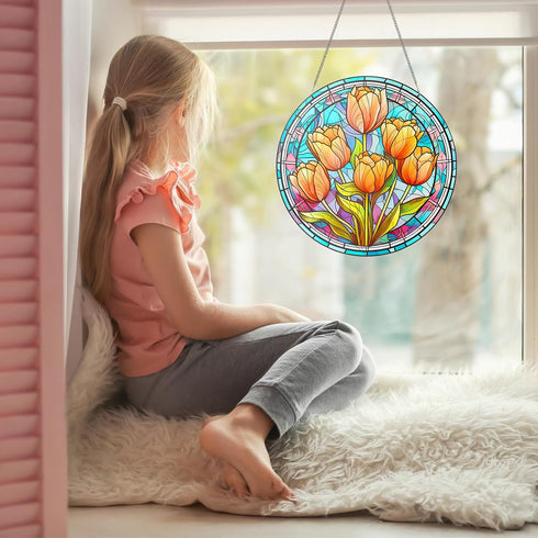 Tulips Acrylic Window Hangings 11.8”Acrylic Wall Decor Flower Stained Window Panel Indoor Outdoor Home Garden Ornaments Housewarming Gift with Met...