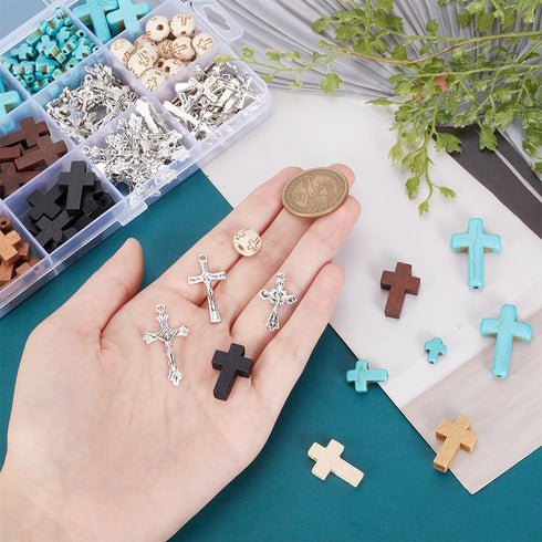 arricraft 170 Pcs Cross Jewelry Making Kits, Mixed Color Wood Cross Pendants Including Synthetic Turquoise Beads Wood Beads Pendants Alloy Pendant...