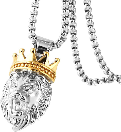 HZMAN Men's Silver Gold Tone Stainless Steel Lion King Pendant Necklace Cable Wheat 22+2" Chain...