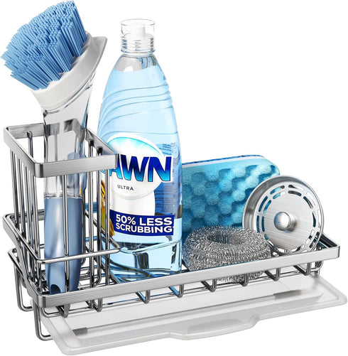 Consumest Sink Caddy, Kitchen Sponge Holder + Dish Brush Holder for Kitchen Sink, Sink Organizer with Drip Tray for Countertop, Stainless Steel Ru...
