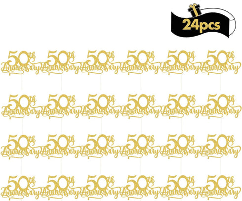 24Pcs Gold Glitter 50th Anniversary Cupcake Topper Happy 50th Cheers to 50 Years Cupcake Topper 50th Birthday Wedding Anniversary Party Decoration...