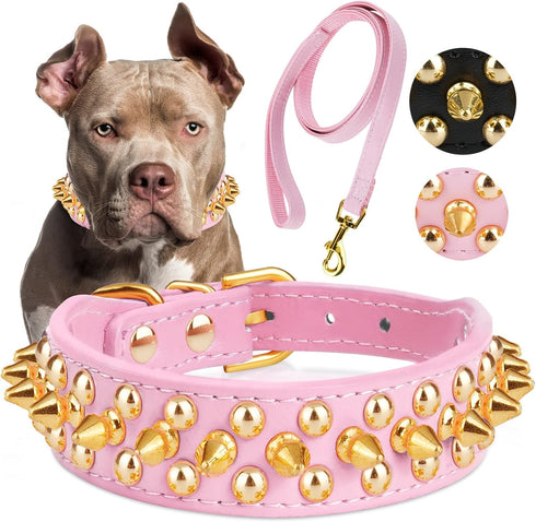 Epesiri Golden Spike Collar for dogs, Gold Spiked Dog Collar, Durable PU Leather Studded Dog Collar with Leash, Funny Mushrooms Rivet Small Puppy ...