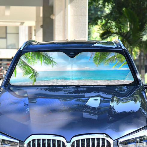 Tropical Palm Tree Beach Car Windshield Sun Shade Blocks UV Rays Sun Visor Protector Foldable Sun Reflector to Keep Your Vehicle Cool...