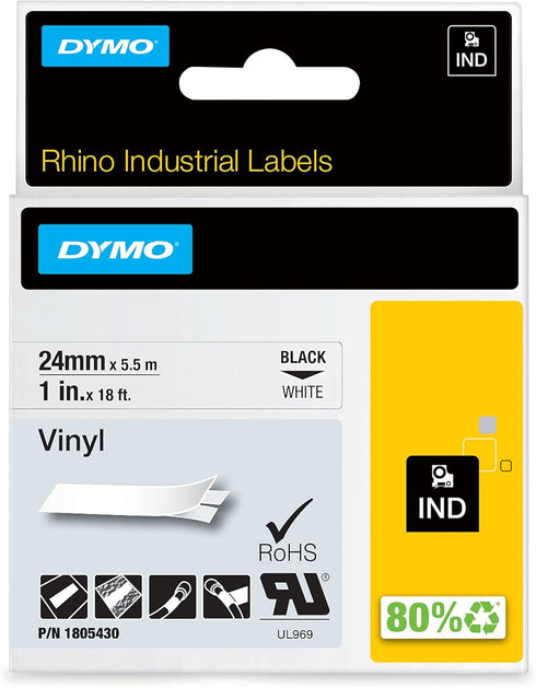 DYMO Rhino Industrial Vinyl Labels, 1", Black Print on White Tape...