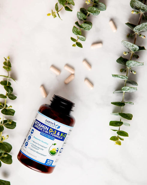 Earth's Wisdom Vitamin D3 5000 IU with K2 (MK7) Formula. Muscle, Bone, Heart & Immune Support. Superior Absorption. 120 Capsules. Free from Gluten...