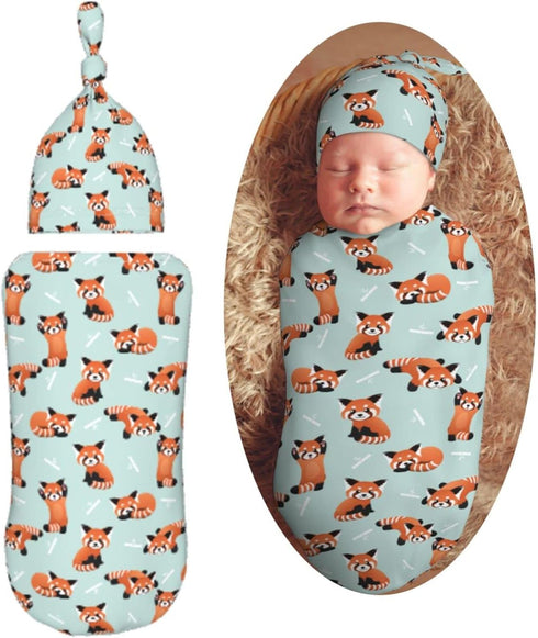 Red Cute Panda Newborn Swaddle Blankets Hat Sets Soft Baby Receiving Blanket Swaddle Sack for Baby Shower Infant Boy Girl Gift...