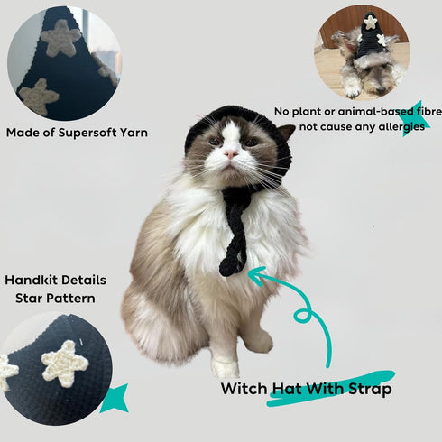 Zoo Snoods Pet Hat for Cats & Dogs - Black with White Star Pattern Witch Hat Design, Winter Dog Hat with Ear Holes, Perfect for Halloween, Christm...