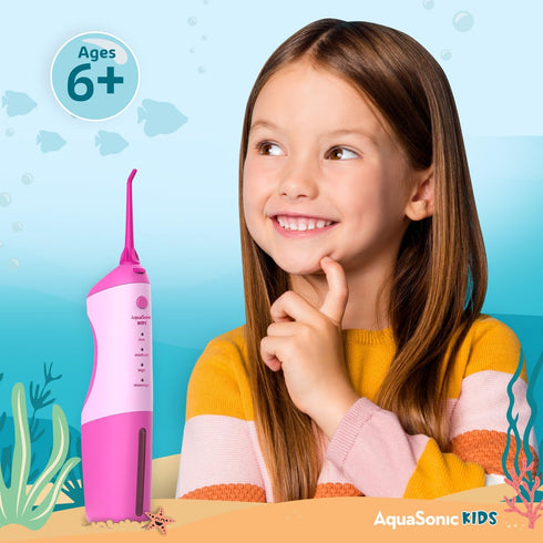 AquaSonic Kids' Water Flosser for Ages 6+ | Standard Nozzle, Orthodontic Nozzle & Waterproof Stickers | 4 Flossing Modes | Aquarium Adventures The...