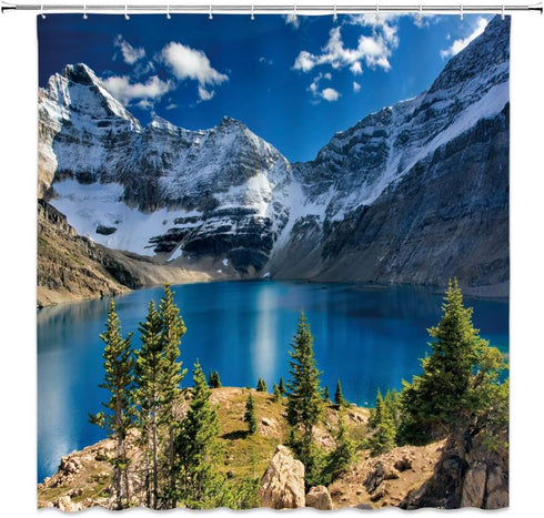 Mountain Shower Curtain Nature Landscape Mountain Lake Blue Sky White Cloud Scenic Print Simple Home Fabric Bath Curtain Bathroom Decor Set Includ...