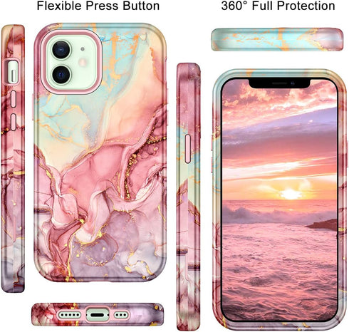 Btscase for iPhone 12 Case/iPhone 12 Pro Case, Heavy Duty Three Layer Marble Shockproof Full Body Rugged Hard PC+Soft TPU Bumper Drop Protection W...