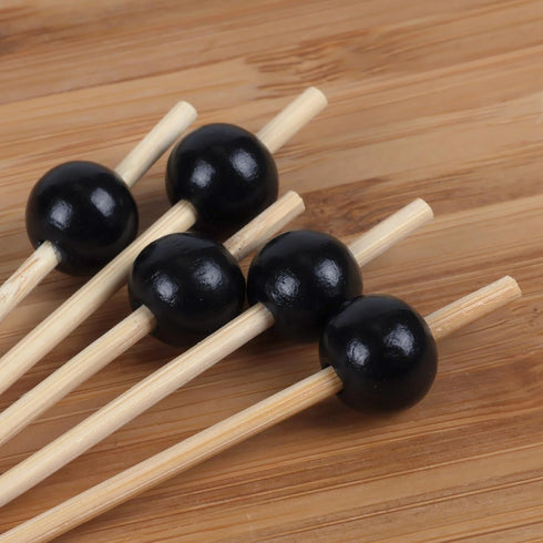 BambooMN Decorative Ball End Cocktail Fruit Sandwich Picks Skewers for Catered Events, Holiday's, Restaurants or Buffets Party Supplies - 4.7" Bla...