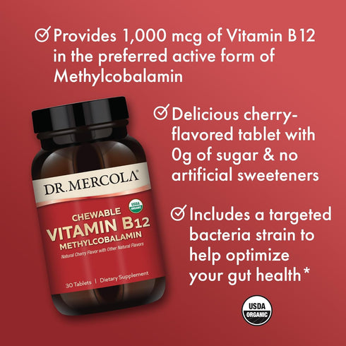 Dr. Mercola Organic Chewable Vitamin B12, 30 Servings (30 Tablets), Natural Cherry Flavor, Dietary Supplement, Supports Energy Production and Ment...