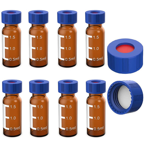 FOUR E'S SCIENTIFIC 2ml Autosampler Vials 100 Pack - HPLC Vial | 9-425 Amber Vial with Blue Screw Caps | Writing Patch | Graduation | White PTFE &...