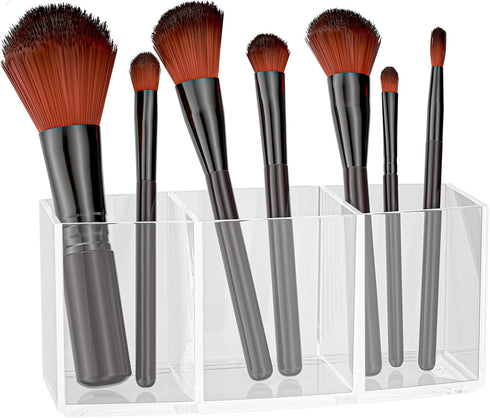 Makeup Brush Holder Organizer Clear Cosmetic Brushes Container Storage 3 Slots, Desk Storage for Lipstick Eyeshadow Pen, Skincare Cosmetic Display...